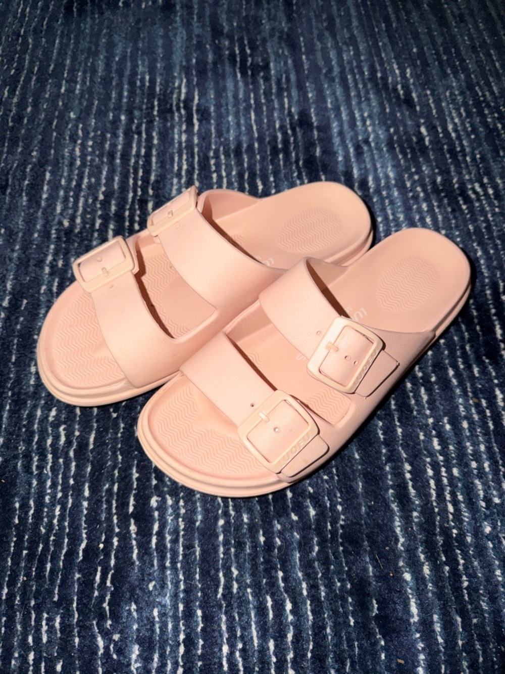 Double Buckle Slide Sandals in Nude Beige